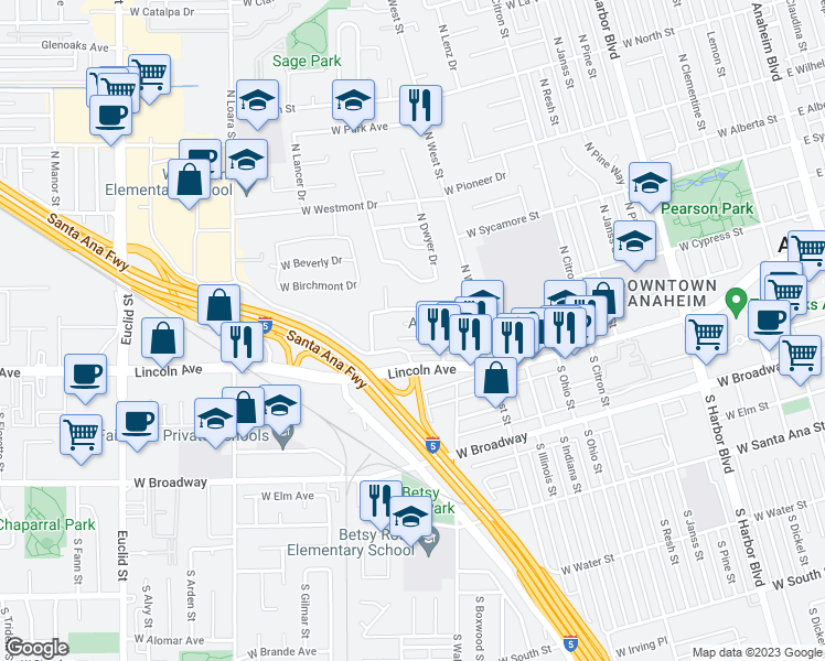 map of restaurants, bars, coffee shops, grocery stores, and more near 1221 West Diamond Street in Anaheim