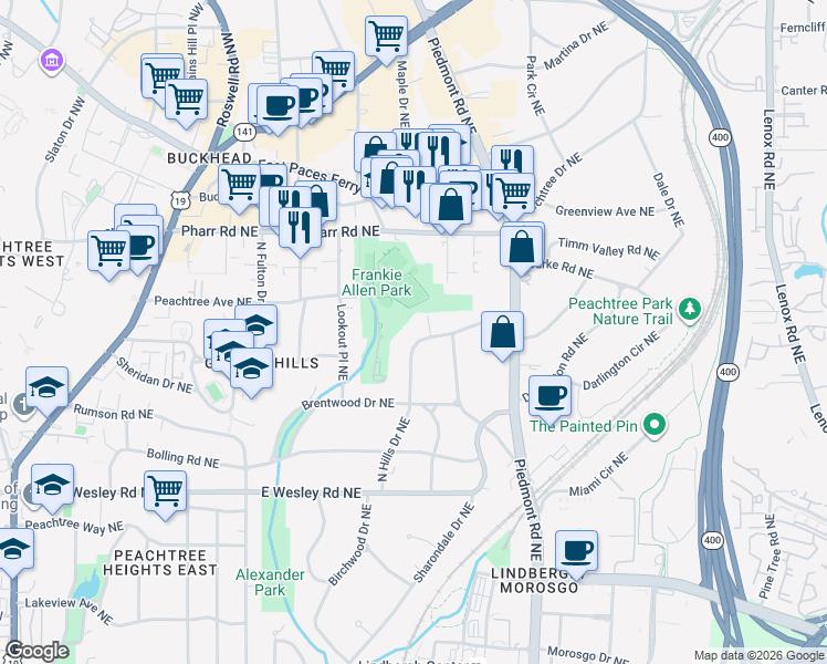 map of restaurants, bars, coffee shops, grocery stores, and more near 2882 North Hills Drive Northeast in Atlanta