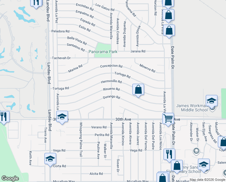 map of restaurants, bars, coffee shops, grocery stores, and more near 68515 Risueno Road in Cathedral City