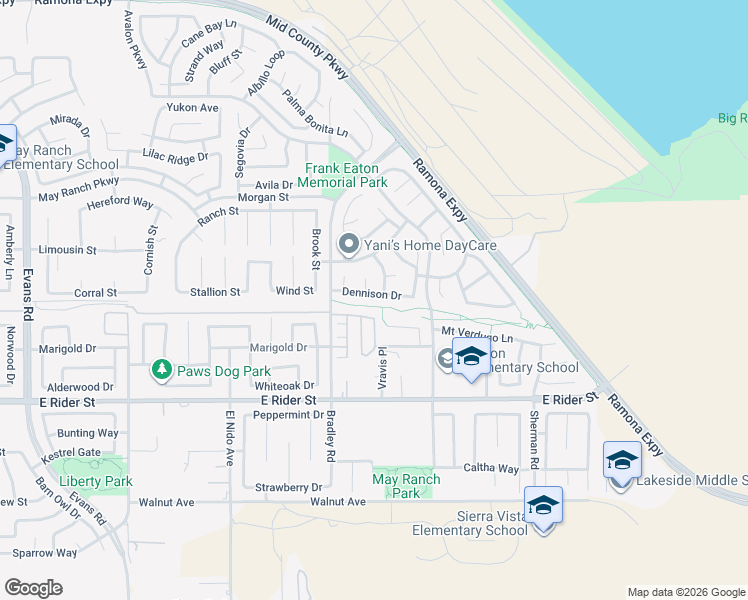 map of restaurants, bars, coffee shops, grocery stores, and more near 1691 Dennison Drive in Perris