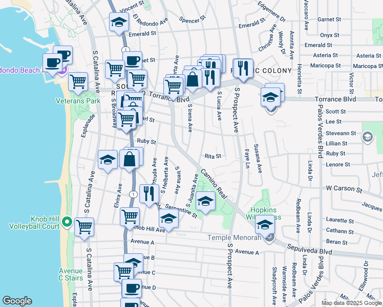 map of restaurants, bars, coffee shops, grocery stores, and more near 530 South Irena Avenue in Redondo Beach