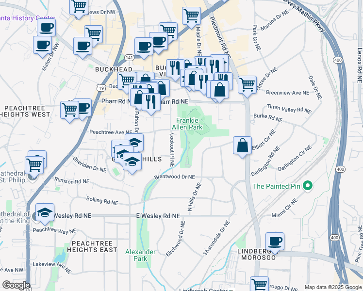 map of restaurants, bars, coffee shops, grocery stores, and more near 2901 Lookout Place Northeast in Atlanta