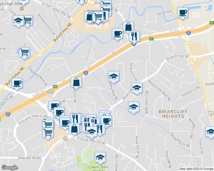 map of restaurants, bars, coffee shops, grocery stores, and more near 1121 Westchester Ridge Northeast in Atlanta