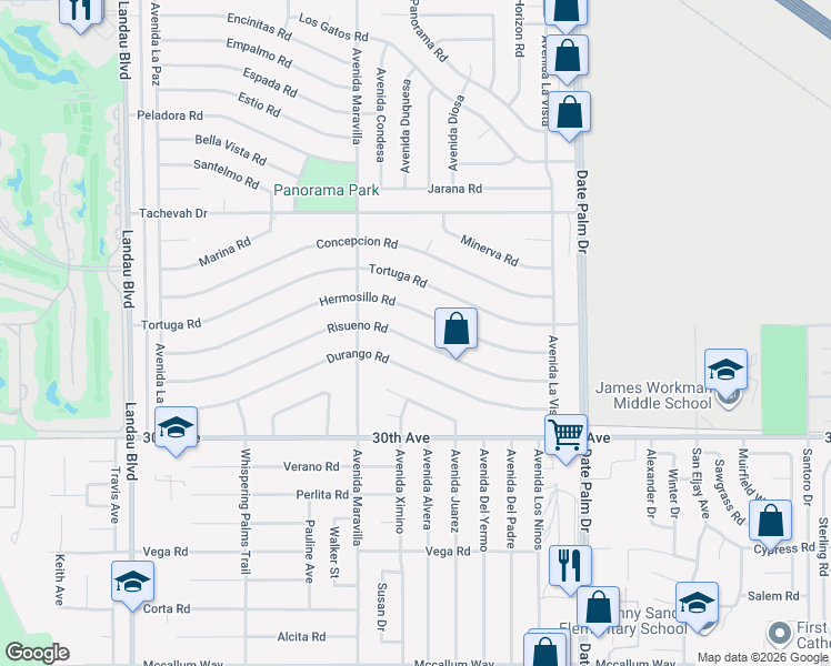 map of restaurants, bars, coffee shops, grocery stores, and more near 68620 Risueno Road in Cathedral City