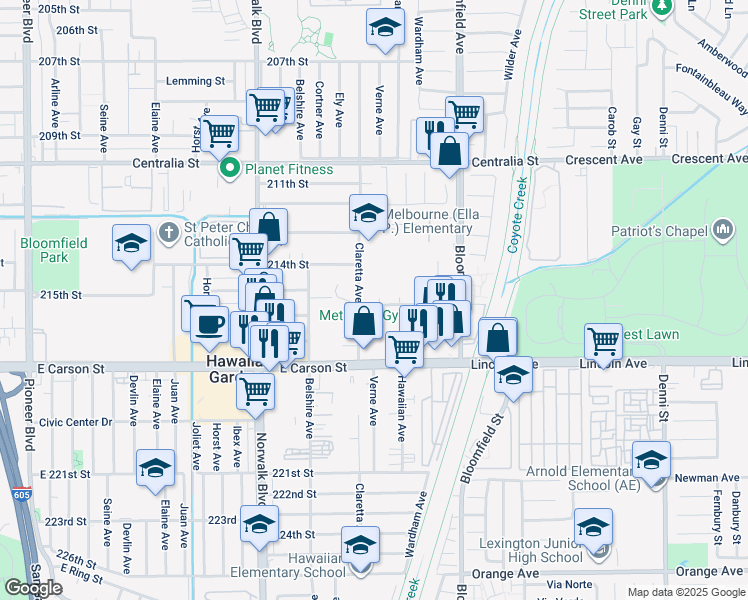 map of restaurants, bars, coffee shops, grocery stores, and more near 21449 Verne Avenue in Lakewood