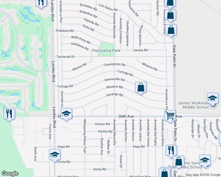 map of restaurants, bars, coffee shops, grocery stores, and more near 68445 Risueno Road in Cathedral City