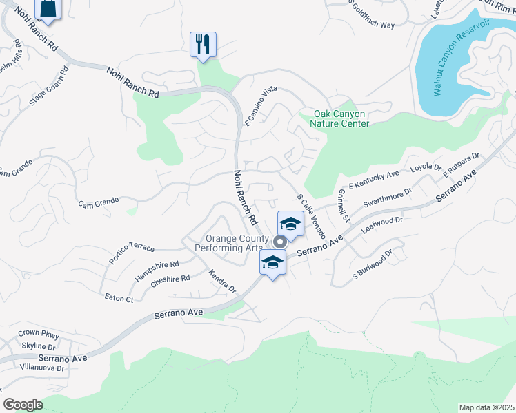 map of restaurants, bars, coffee shops, grocery stores, and more near 6540 East Paseo Diego in Anaheim