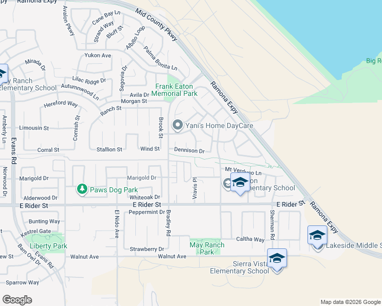 map of restaurants, bars, coffee shops, grocery stores, and more near 1691 Dennison Drive in Perris