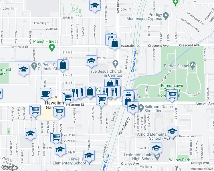map of restaurants, bars, coffee shops, grocery stores, and more near 21448 Wardham Avenue in Lakewood