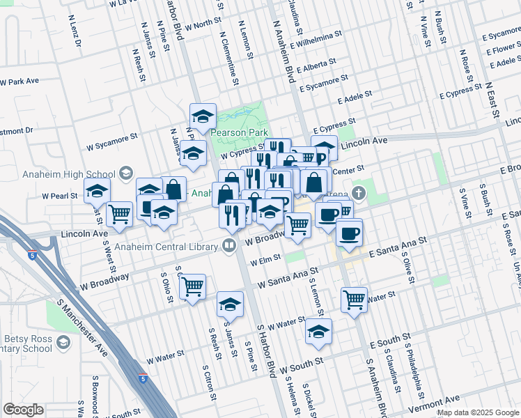 map of restaurants, bars, coffee shops, grocery stores, and more near 300 West Lincoln Avenue in Anaheim