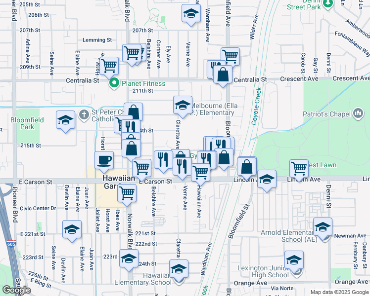 map of restaurants, bars, coffee shops, grocery stores, and more near 21449 Verne Avenue in Lakewood