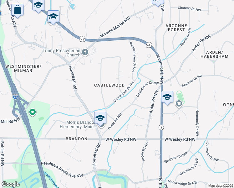 map of restaurants, bars, coffee shops, grocery stores, and more near 2800 Mornington Drive Northwest in Atlanta