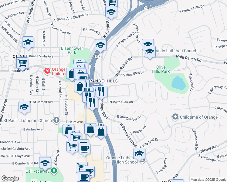 map of restaurants, bars, coffee shops, grocery stores, and more near 2706 North Vista Court in Orange