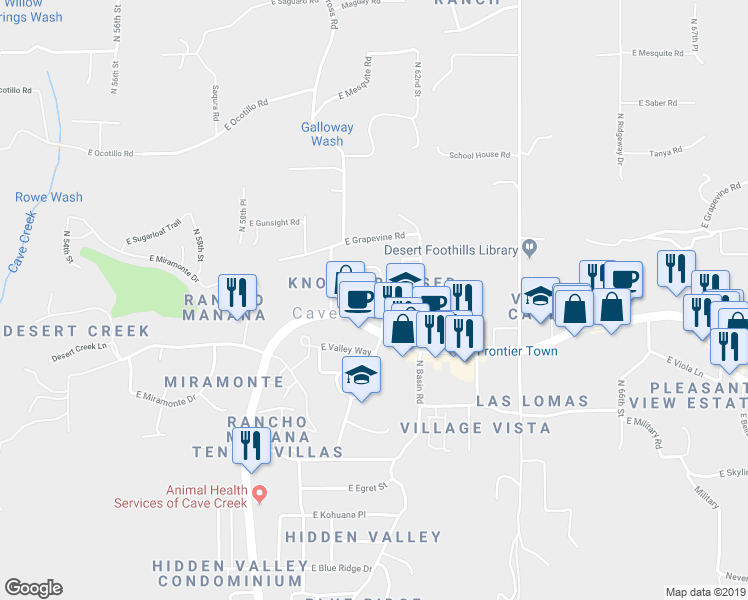 map of restaurants, bars, coffee shops, grocery stores, and more near 6087 East Knolls Way South in Cave Creek