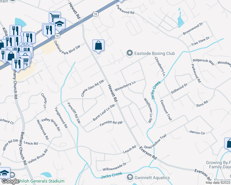 map of restaurants, bars, coffee shops, grocery stores, and more near 3706 Winterberry Lane in Snellville