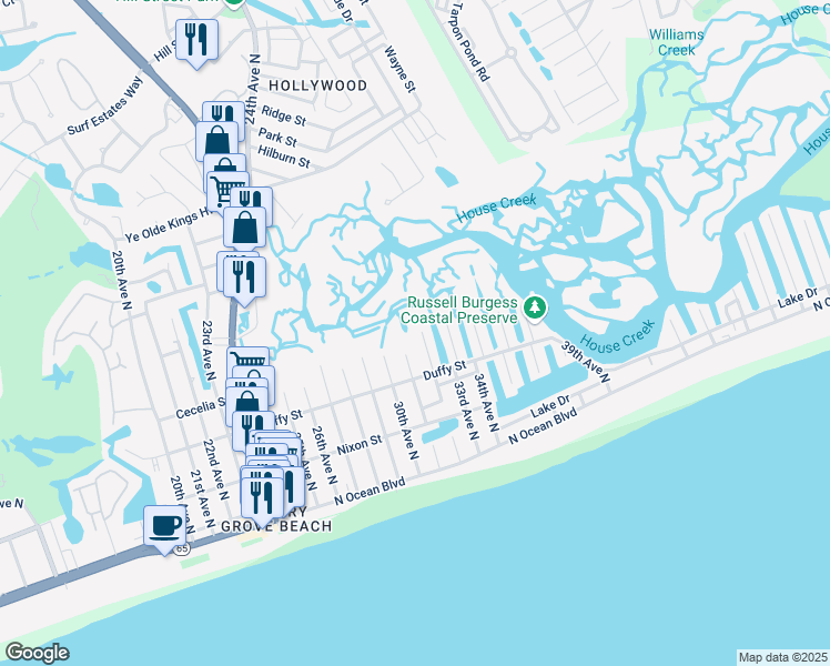map of restaurants, bars, coffee shops, grocery stores, and more near 419 32nd Avenue North in North Myrtle Beach