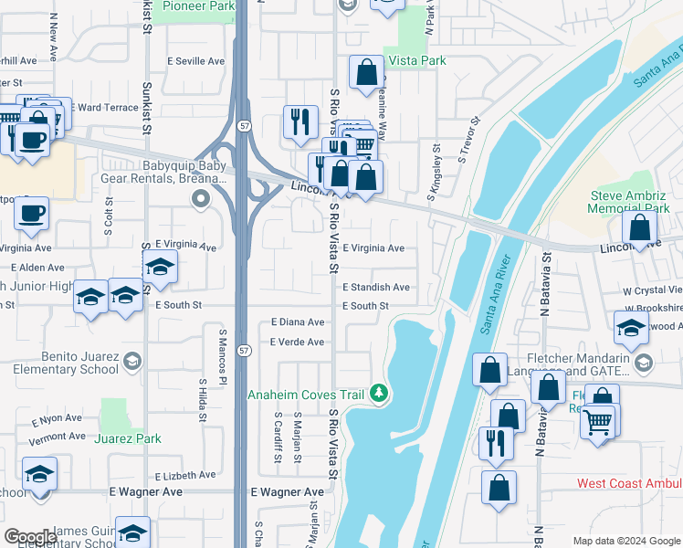 map of restaurants, bars, coffee shops, grocery stores, and more near 2806 East Alden Place in Anaheim