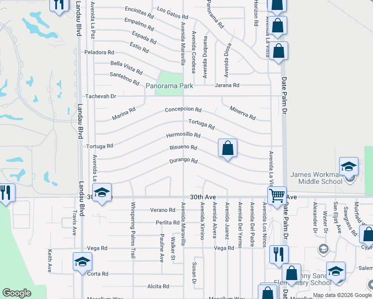 map of restaurants, bars, coffee shops, grocery stores, and more near 68515 Risueno Road in Cathedral City