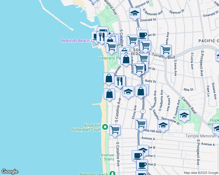 map of restaurants, bars, coffee shops, grocery stores, and more near in Redondo Beach