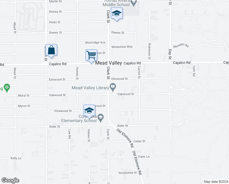 map of restaurants, bars, coffee shops, grocery stores, and more near 21580 Oakwood Street in Perris
