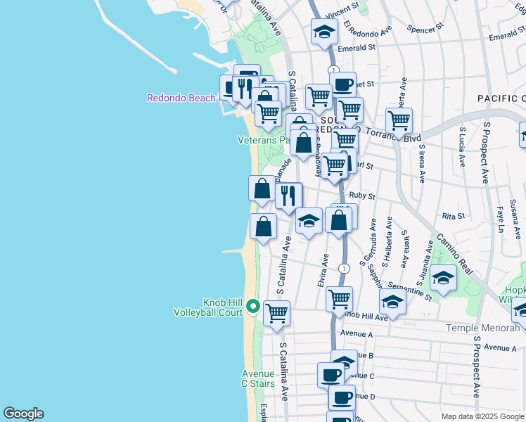 map of restaurants, bars, coffee shops, grocery stores, and more near 575 Esplanade in Redondo Beach