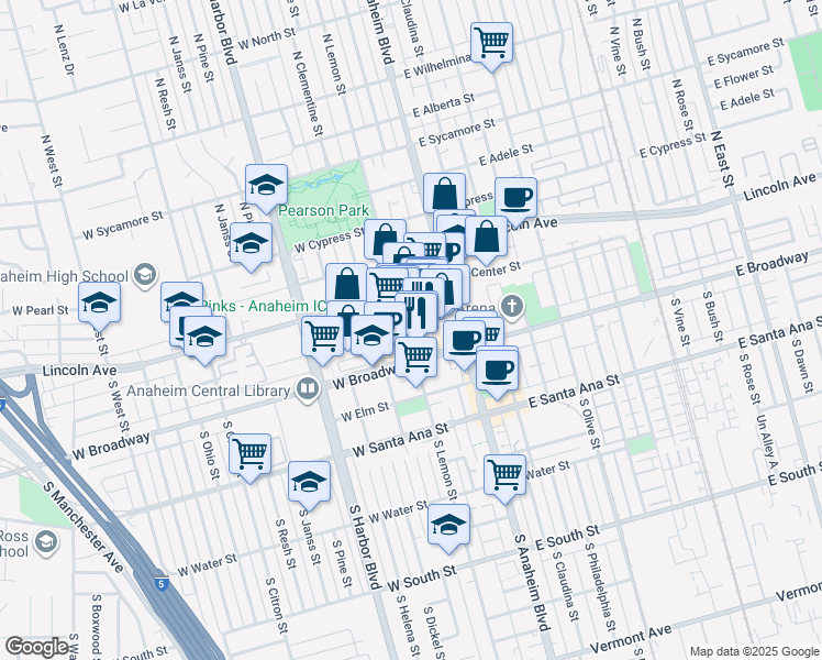 map of restaurants, bars, coffee shops, grocery stores, and more near 238 South Lemon Street in Anaheim