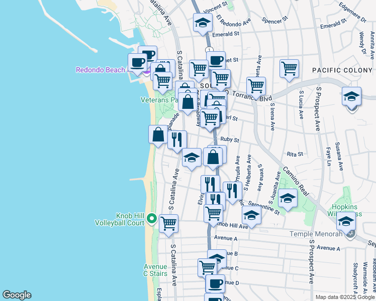 map of restaurants, bars, coffee shops, grocery stores, and more near 518 South Catalina Avenue in Redondo Beach