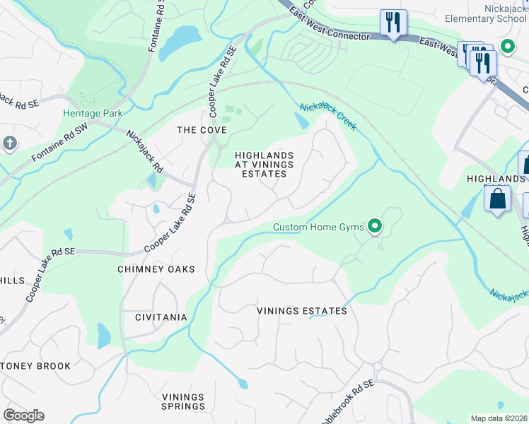 map of restaurants, bars, coffee shops, grocery stores, and more near 1163 Vinings Estates Drive Southeast in Mableton