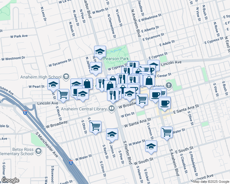 map of restaurants, bars, coffee shops, grocery stores, and more near 435 West Center Street Promenade in Anaheim