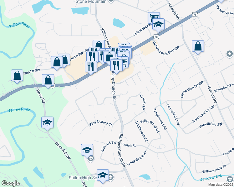 map of restaurants, bars, coffee shops, grocery stores, and more near 2306 Bethany Church Road in Snellville
