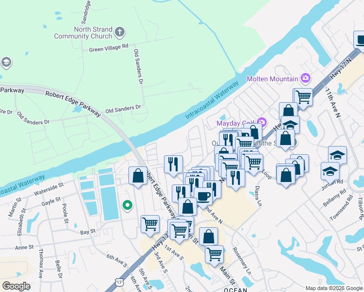 map of restaurants, bars, coffee shops, grocery stores, and more near 215 Landing Road in North Myrtle Beach