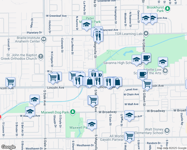 map of restaurants, bars, coffee shops, grocery stores, and more near 173 North Magnolia Street in Anaheim