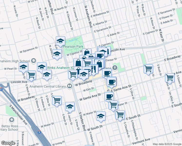 map of restaurants, bars, coffee shops, grocery stores, and more near 209 West Center Street Promenade in Anaheim
