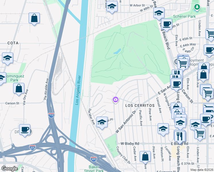 map of restaurants, bars, coffee shops, grocery stores, and more near 631 West Devon Place in Long Beach