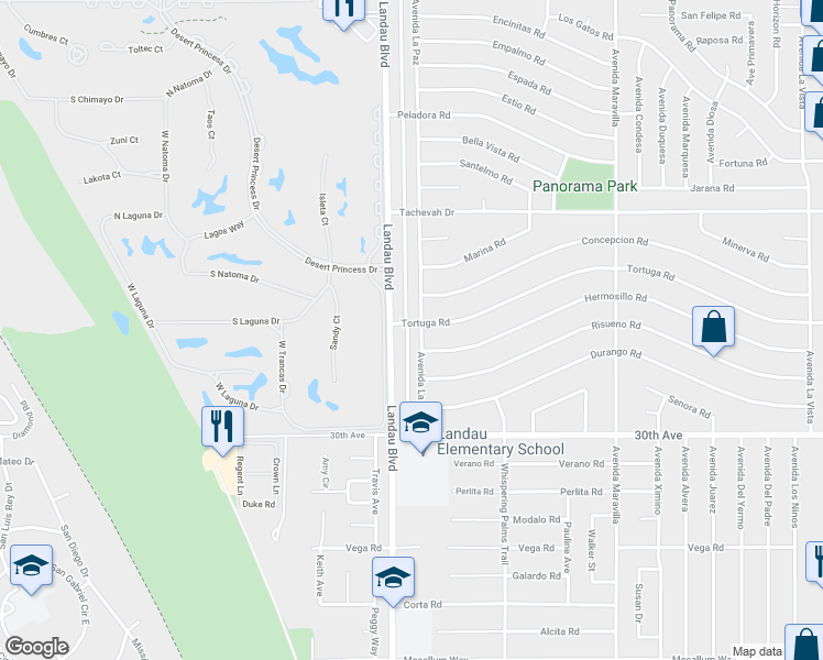 map of restaurants, bars, coffee shops, grocery stores, and more near 29505 Avenida La Paz in Cathedral City