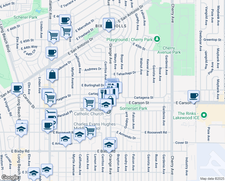 map of restaurants, bars, coffee shops, grocery stores, and more near 1202 Cartagena Street in Long Beach
