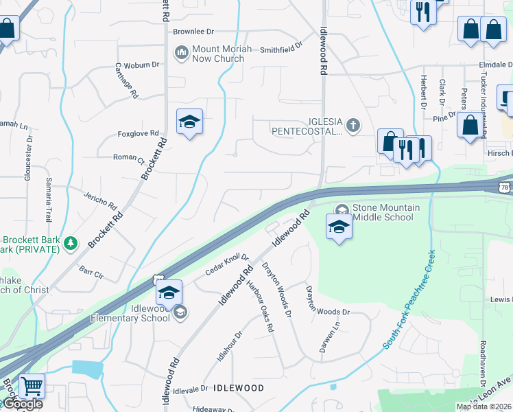 map of restaurants, bars, coffee shops, grocery stores, and more near 1756 Cord Court in Tucker