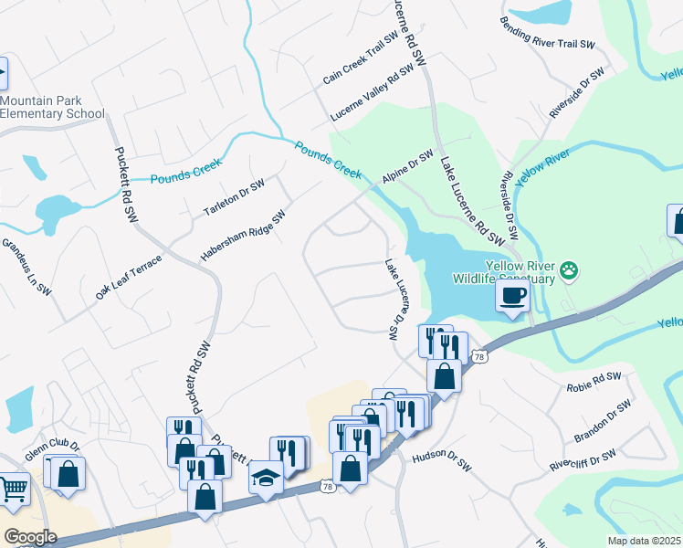 map of restaurants, bars, coffee shops, grocery stores, and more near 4774 Saint Bernard Drive Southwest in Lilburn