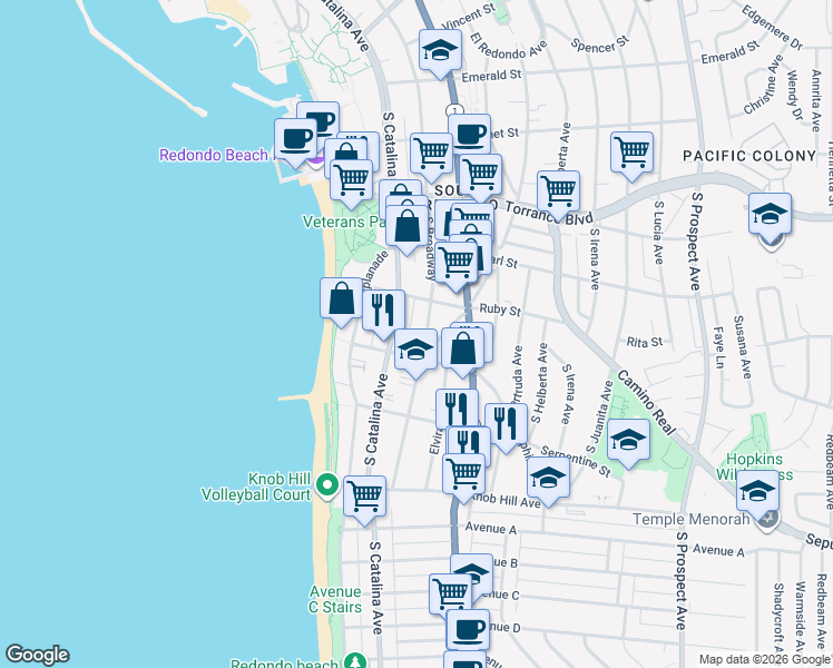 map of restaurants, bars, coffee shops, grocery stores, and more near 518 South Catalina Avenue in Redondo Beach