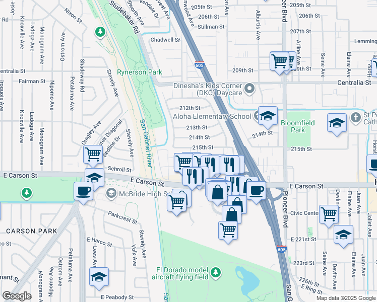 map of restaurants, bars, coffee shops, grocery stores, and more near 11330 215th Street in Lakewood