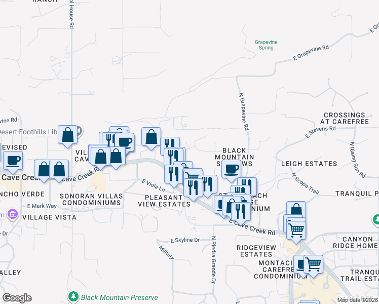 map of restaurants, bars, coffee shops, grocery stores, and more near 6849 East Stevens Road in Cave Creek