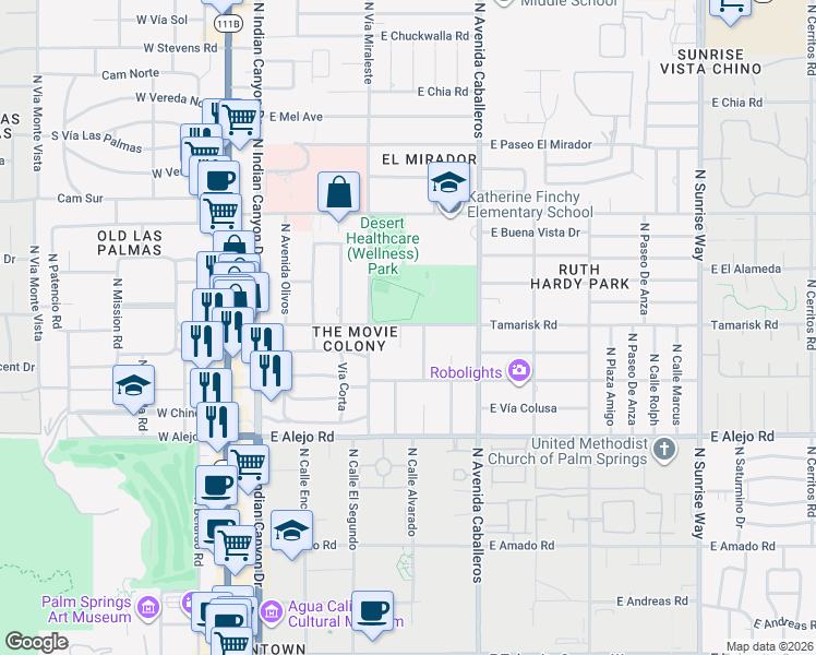 map of restaurants, bars, coffee shops, grocery stores, and more near 735 Tamarisk Road in Palm Springs