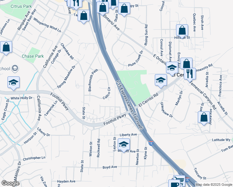 map of restaurants, bars, coffee shops, grocery stores, and more near 7263 Calico Circle in Corona
