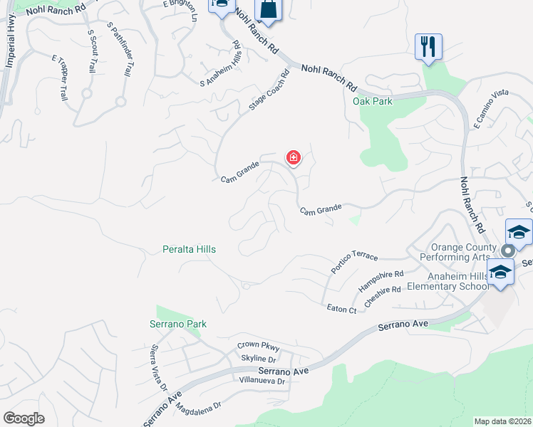 map of restaurants, bars, coffee shops, grocery stores, and more near 877 South Sapphire Lane in Anaheim