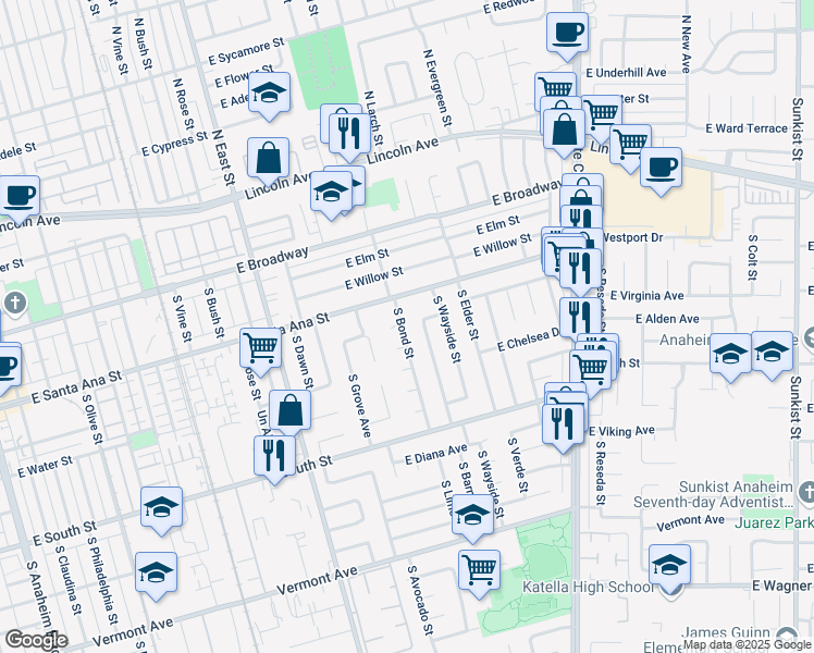 map of restaurants, bars, coffee shops, grocery stores, and more near 529 South Barnett Street in Anaheim