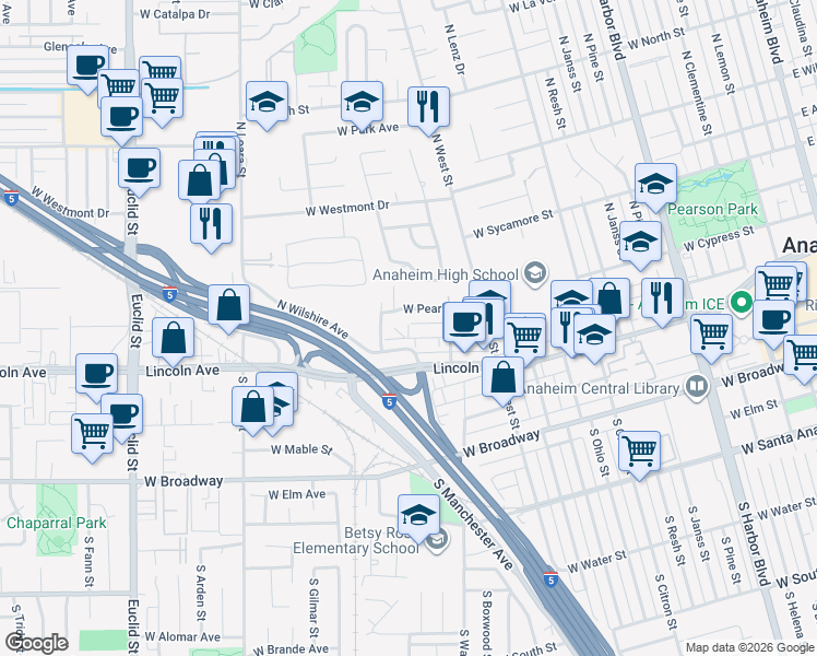 map of restaurants, bars, coffee shops, grocery stores, and more near 1221 West Diamond Street in Anaheim