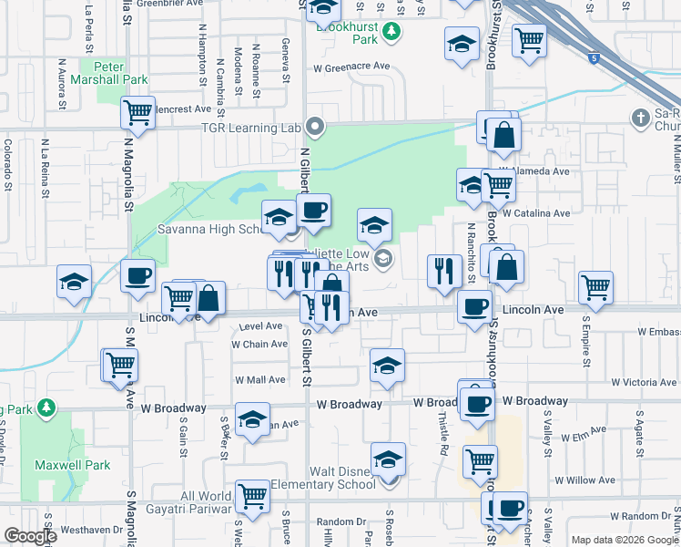 map of restaurants, bars, coffee shops, grocery stores, and more near 125 North Belinda Circle in Anaheim