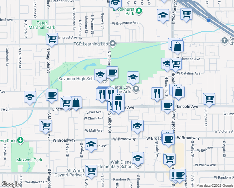 map of restaurants, bars, coffee shops, grocery stores, and more near 125 North Belinda Circle in Anaheim