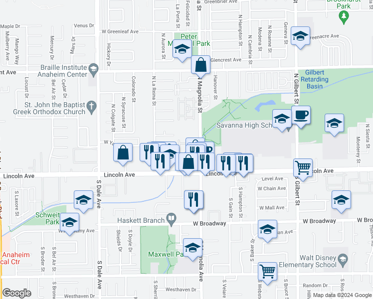 map of restaurants, bars, coffee shops, grocery stores, and more near 179 North Magnolia Avenue in Anaheim