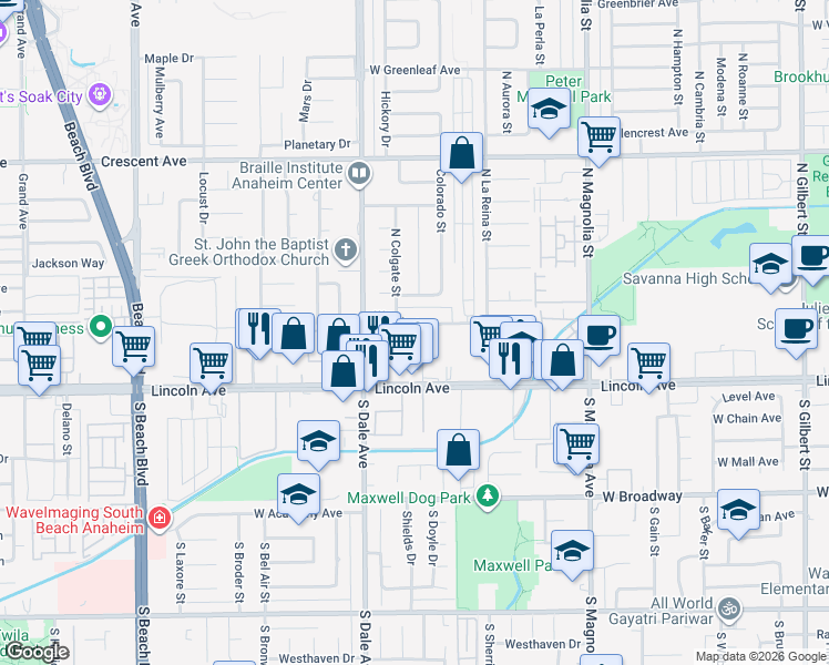 map of restaurants, bars, coffee shops, grocery stores, and more near 2750 West Yale Avenue in Anaheim